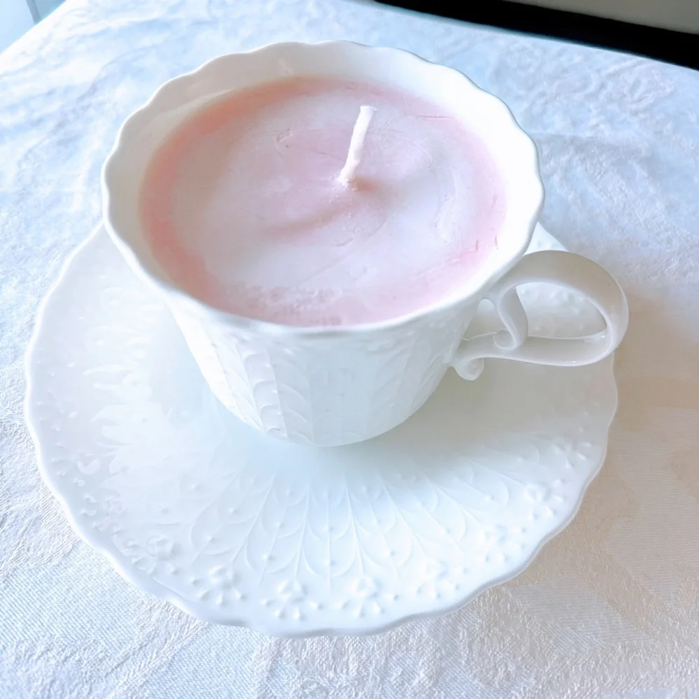 Narumi Bone China Teacup Candle Japan White Floral Cup Saucer Reusable Gift